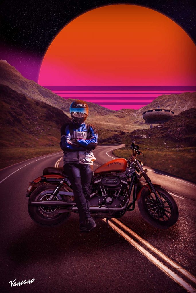 Art of a biker in a retrowave setting.