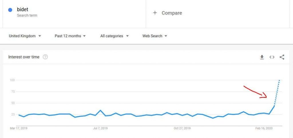 Google trends graph showing the massive spike of searches for bidet