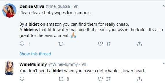 Twitter exchange about using a showerhead as a bidet.