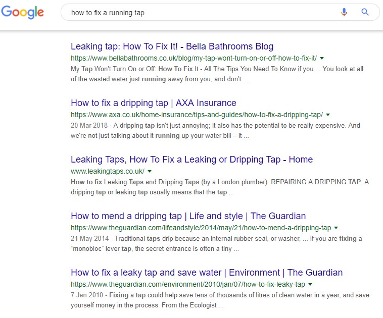 Core principle of SEO - fix a running tap SERP results example