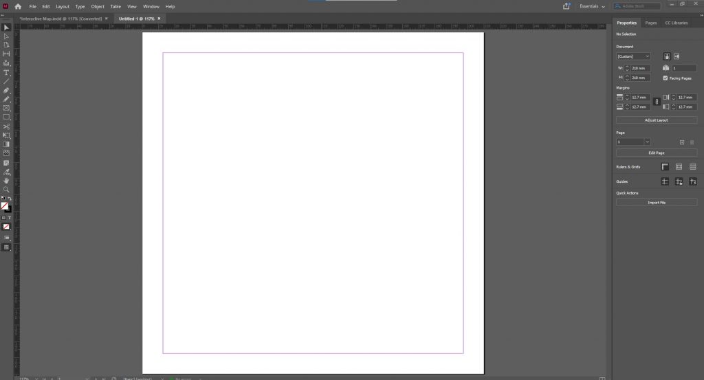 A blank Indesign document, 210mm by 210mm. Ready for making a QR code.