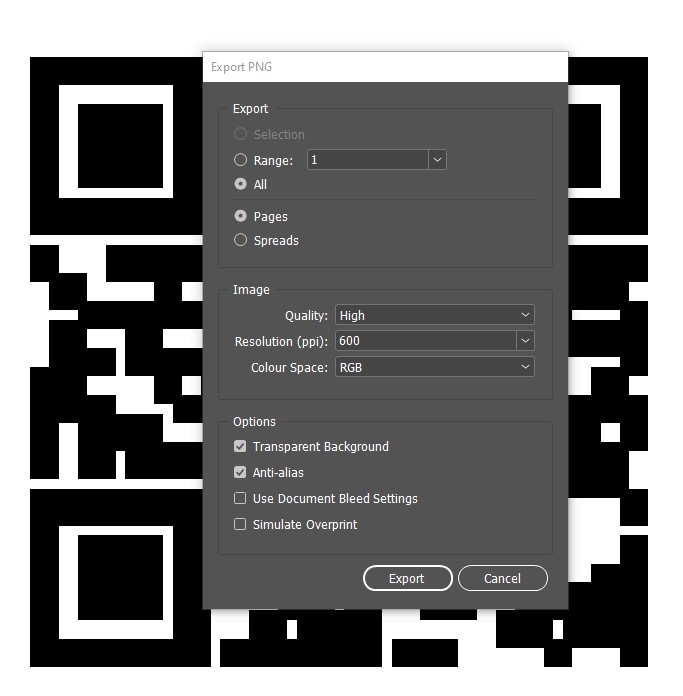 Export the QR code with quality set to high, resolution to 600 (ppi) and makesure the background is transparent.